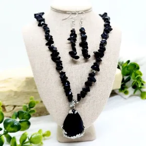 Handmade Black Agate Chip Necklace & Earring Set