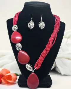 Handmade Red Beaded Statement Necklace Earring Set Silver Tone Jewelry
