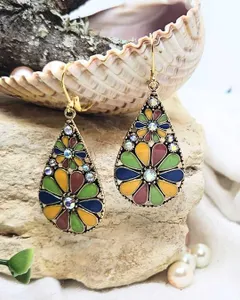 Gold Tone Multicolor Floral Teardrop Dangle Earrings – 2 Inch