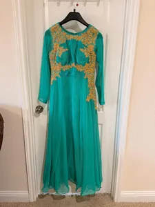 Turquoise blue indo-western fusion gown for sale