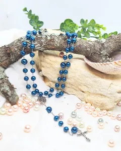 Handcrafted Royal Blue Pearl Beaded Rosary Necklace